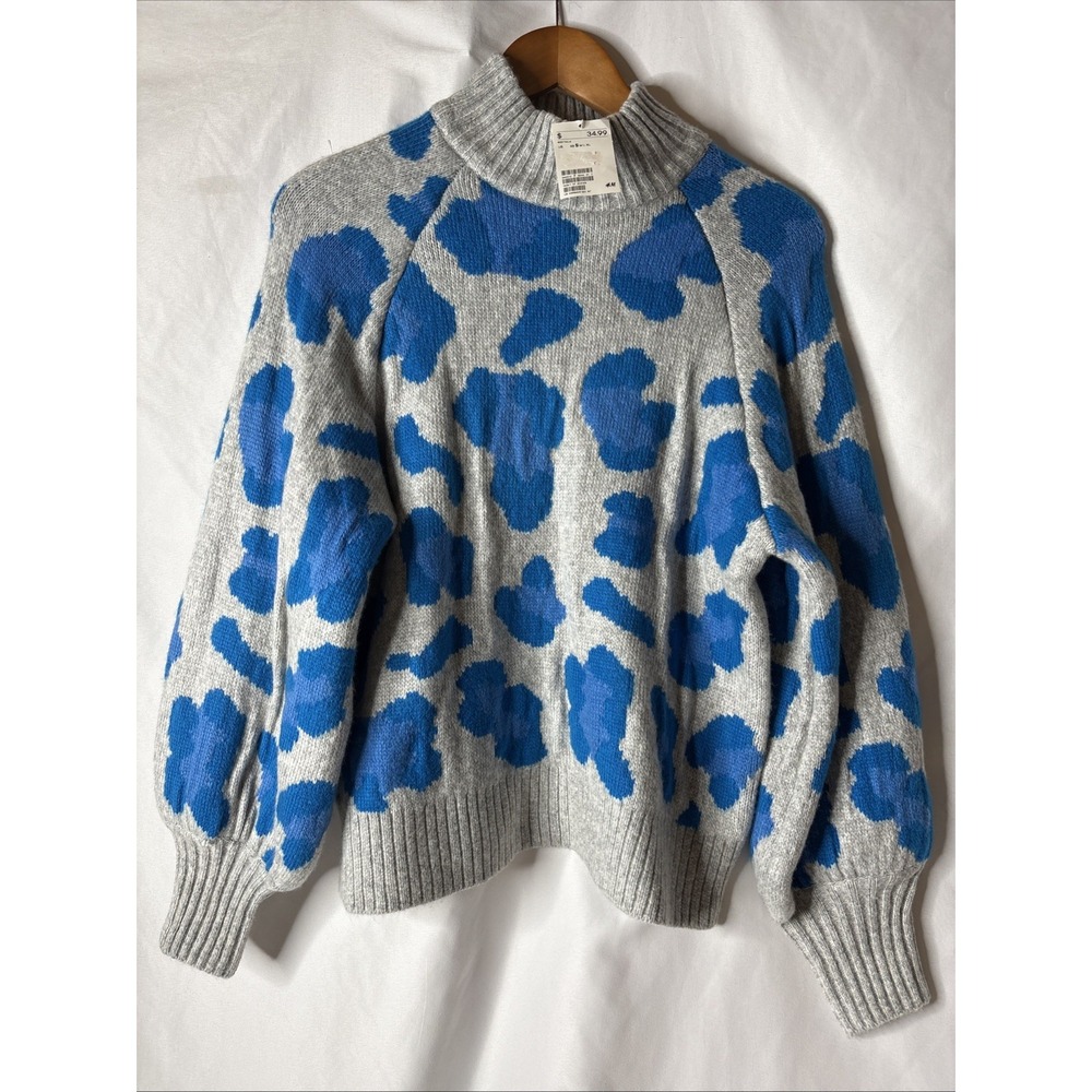 H&M S Gray & Blue Cheetah Animal Print Mock Turtleneck Sweater Bubble Sleeve NEW